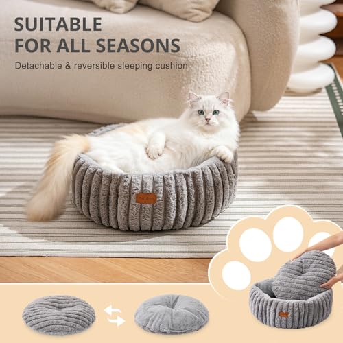 Cat Bed, Washable Round Cat Beds for Indoor Cats, Super Soft Faux Rabbit Fur Pet Bed for Puppy and Kitten with Anti-Slip Bottom (Grey, 20"x20"x8") - Image 7