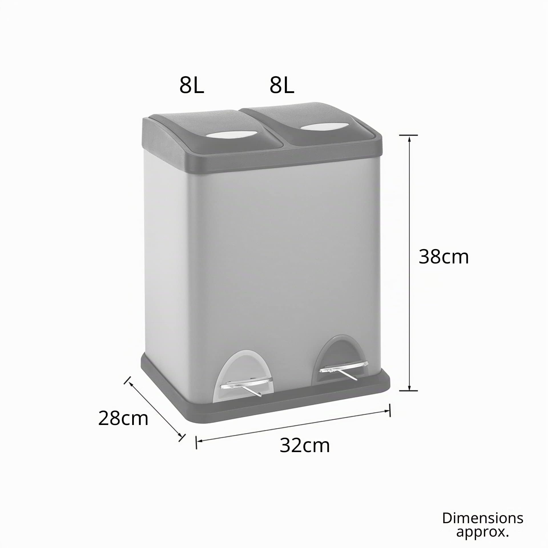 SVITA TC2X8 Poubelle 16 litres 2x8L double bac à déchets compact poubelle double poubelle de cuisine tri des déchets poubelle à pédale Gris