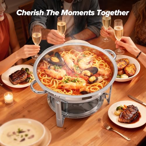 Chafing Dishes for Buffet, 4 Pack 5QT Round Stainless Steel Chafing Dish Set with Lid Holder for Home Parties, Christmas Gatherings, Catering Events, Complete Buffet Warmer Set - Silver - Image 6