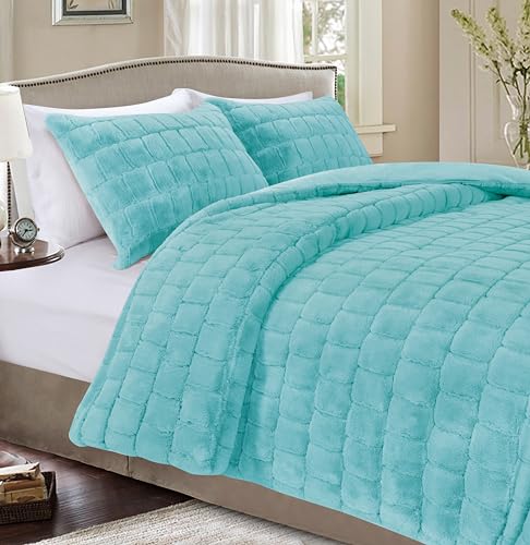 Elegant Comfort Luxurious Fluffy 3-Piece Faux Fur Comforter Set - All Season Warm Down Alternative - Ultra Soft, Plush Micro-Mink 3PC Bedding Set with Matching Shams, Twin, Aqua
