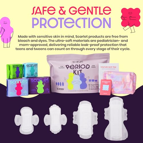 Image of Scarlet 47 Piece Tween Period Kit | First Period Kit for Girls 9-12 | Includes 36 Pads - Light, Moderate, Heavy and Maximum Protection Pads with Wings, 5 Wipes, 3 Heat Patches, Pouch, Pouch and More