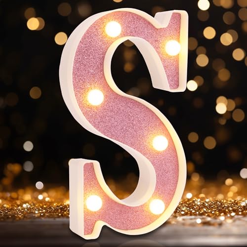 Image of Small Led Marquee Letters, Light Up Letters, 8.58 Inch Led Letter Lights, Battery Powered Lighted Sign for Table, Party, Birthday, Christmas Decor (Pink Glitter, Letter S)
