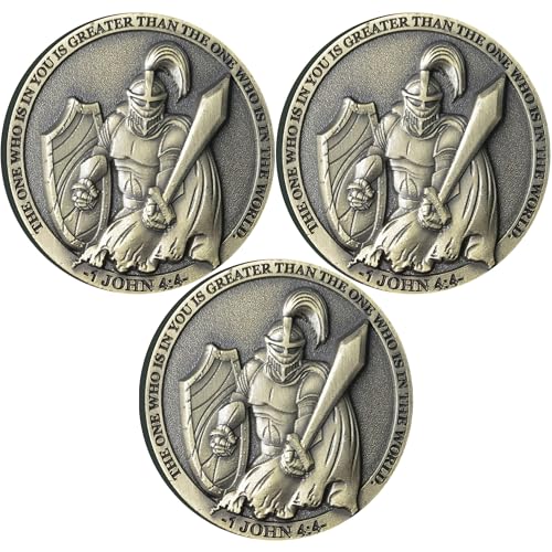 Divine Strength Warrior Christian Challenge Coin Armor Up with Faith Bible Verses Pocket Hug Token (Pack of 3)