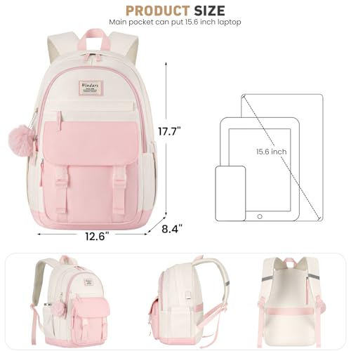 Image of WINDARS School Backpack with Lunch Box for Teen Girls, Cute College Backpacks for Women Students Aesthetic Bookbag Large 15.6 Inch Laptop Bag Middle School Travel Back Pack (Pink Beige-3 Pcs)