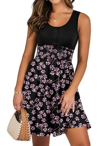 Image of Summer Dresses for Women Casual Sleeveless Sundresses Elastic Waist Mini Sun Dress