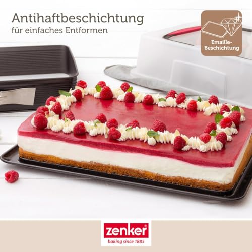 Zenker Rechteck-Springform mit Haube DELUXE, Kuchentransportbox mit Emaille-Boden, Backblech mit Deckel (Farbe: Schwarz/Transparent/Rot), Menge: 1 Stück