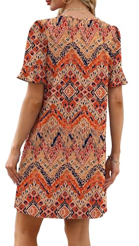 Image of OFEEFAN Summer Dresses for Women Ruffle Short Sleeve V Neck Casual Shift Dress with Pockets