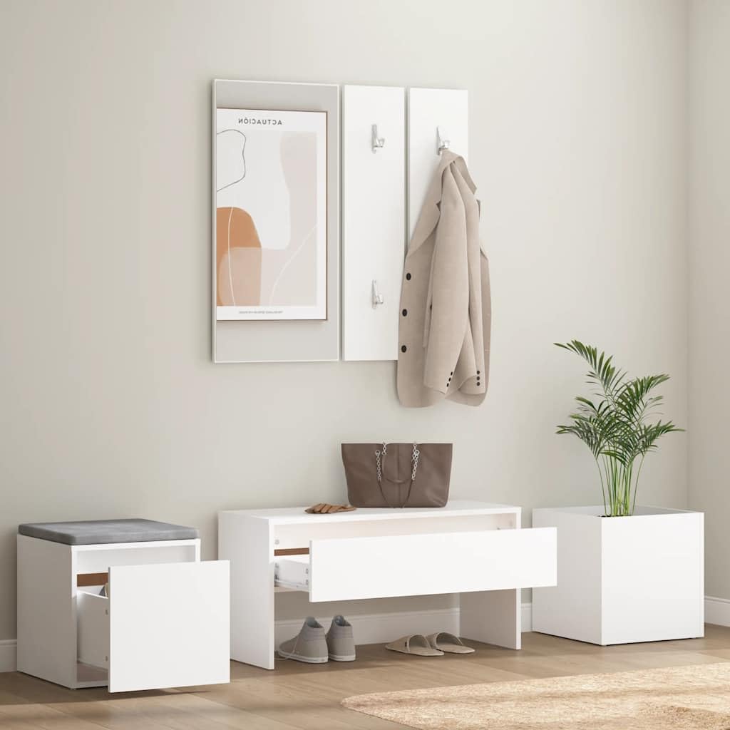 Juego de perchero de madera con espejo, color blanco | Banco de pasillo con cajón, caja de almacenamiento, jardinera, asiento hasta 110 kg