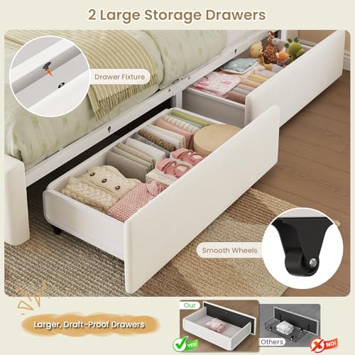 Image of DICTAC Twin Size Bed Frame for Kids with Storage Drawers, Bookcase Headboard, LED Lights and Power Outlets, Diamond Tufted Velvet Upholstered Princess Platform Bed, Heavy-Duty Metal Support, Beige