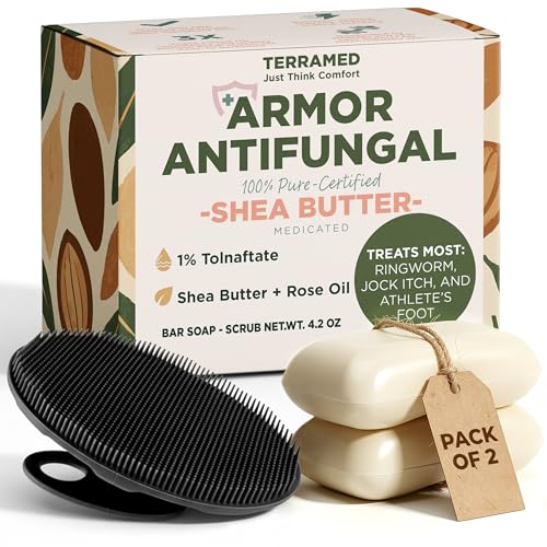 Image of Antifungal Soap Infused with Shea Butter 1% Tolnaftate for Deep Cleansing | Medicated Jock Itch Treatment, Helps Fight Ringworm & Athlete's Foot, for Deep Cleansing, 2 Antifungal Bars with Scrubber