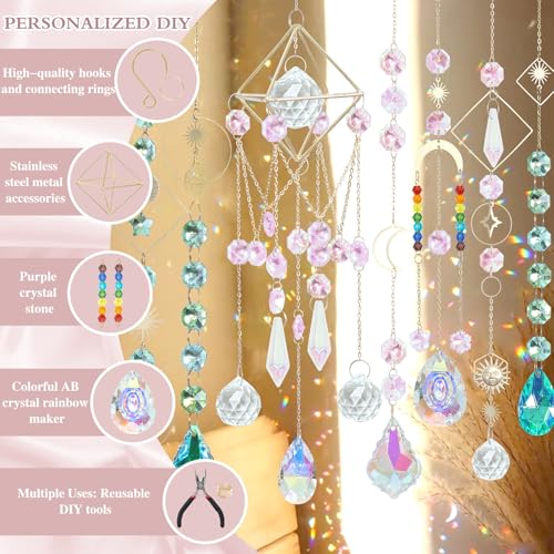 UXORSN DIY Crystal Suncatcher Making Kit, Celestial Moon Star Gold Charms Prism Set with Chains Pliers, AB Color Crystals Rainbow Maker Window Hanging Craft Kit for Home Decor Gifts Women Adults - Image 4