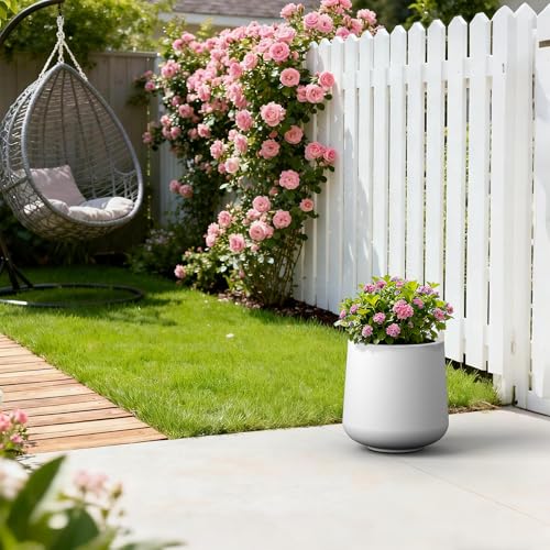 Image of Kante Accent Round Curved White Concrete Planter 13 inch Dia, Outdoor | Rubber Plug for Indoor, Drainage for Garden, All-Weather Cement Flower Pot, Handcrafted, Anti-Frost & UV, Modern Home Decor