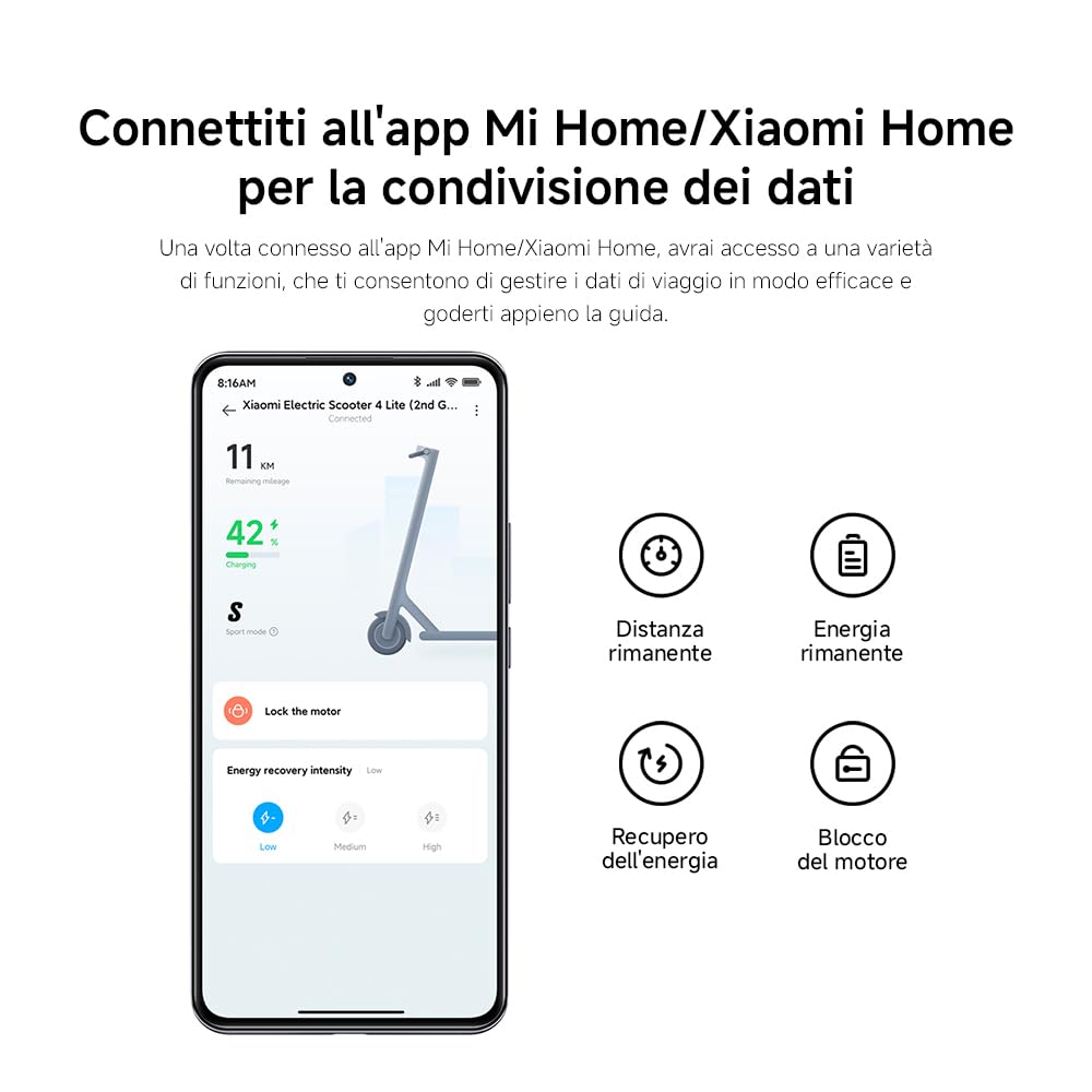 Xiaomi Electric Scooter 4 Lite (2a Gen), Design aerodinamico, Pneumatici 10", Autonomia 25km, Max 20km/h, Motore 300W*, Pendenza max 15%*, Doppio freno (Tamburo ant. + E-ABS post)