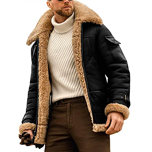 Mens Sherpa Faux Leather Jacket Zip Up Heavyweight Plus Size Trench Coat Spread Collared Casual Winter Suede Jacket