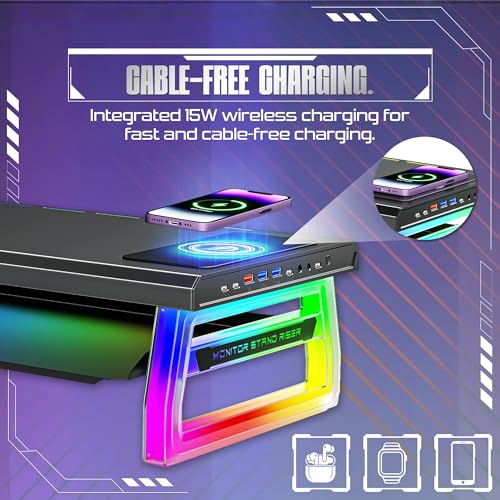 Image of CLAW Dock Pro T9 Monitor & Laptop Stand with 15W Wireless Charging, USB-C PD Input, Fast Charge USB-C & USB-A, Dual USB 3.0 Ports, Headphone /Mic Ports, 10 RGB Modes Metal Build, 30kg Load, Drawer for office, home and gaming use