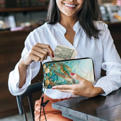 Image of Women's Wallets Credit Card Holder Money Leather Long Wallet | Long wallet with Wristlet,Large Capacity with Zip-Around Phone Purse for Women Ladies Girls,Sea Turtle Coastal