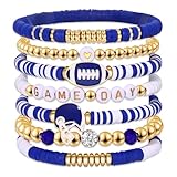 Game Day Bracelets for Women Football Bracelets Red Black Blue Heishi Clay Beaded Stretch Bracelets Stackable Sports Football Charm Bracelet Bangles Football Mom Accessories Outfits Jewelry Gifts (Blue)