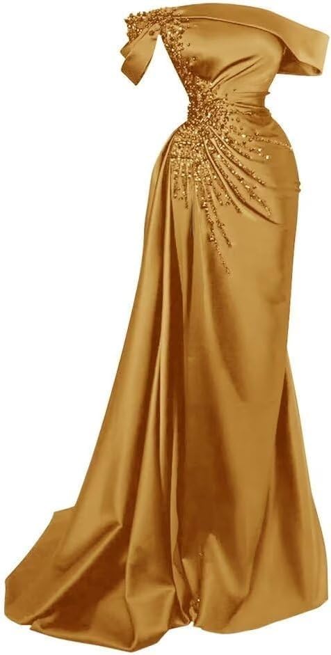 Women Mermaid Beads Prom Dress with Slit Satin Bridesmaid Dresses Long Off The Shoulder Evening Formal Party Gown