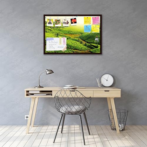 Image of ArtzFolio Tea Plantations, Munnar, Kerala | Bulletin Board Notice Pin Board | Vision Soft Board Combo with Thumb Push Pins & Sticky Notes | Dark Brown Frame | 18 x 12 inch (46 x 30 cms)