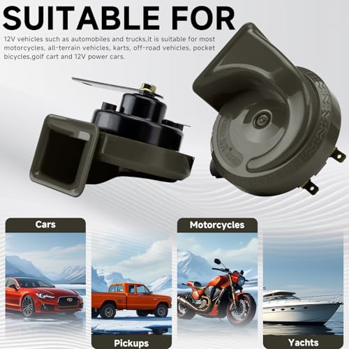 Image of FARBIN Car Horns 12v Loud Dual-Tone Auto Snail Horn Electric Horn Kit with Relay Harness and Switch for Truck Motorcycle (Green horn and wiring button, 12v) | Dual-tone snail horn, compact, universal for any 12V vehicles, green