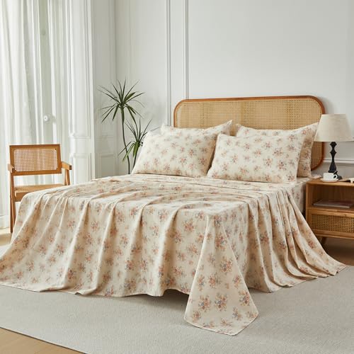 Image of FADFAY Queen Sheet Set 100% Double Gauze Cotton 4Pcs - Breathable & Cooling Muslin Sheets-Soft Cream Floral Bed Sheets for Hot Sleepers, All-Season Comfort