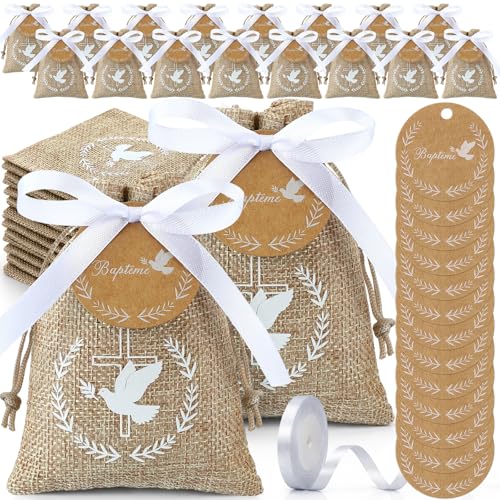 Xuniea 30 Sachets Dragées Baptême avec Étiquettes Rondes et Ruban Blanc – Pochettes Bonbon, Motif Colombe, Adaptées pour Baptême, Communion,...