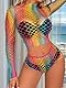 Mingnos Festival Outfit Damen Netz Dessous-Sets Sexy Lingerie Durchsichtige Langärmelige Fischnetz Oberteil und Höschen-Sets Rave Outfits, Regenbogen