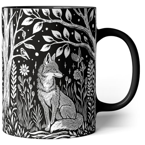 Equoza Forest Fox Coffee Mug, 11oz Ceramic Woodland Animal Cup for Women Girls, Black and White Nature Art Mug Gift for Wildlife and Forest Lovers
