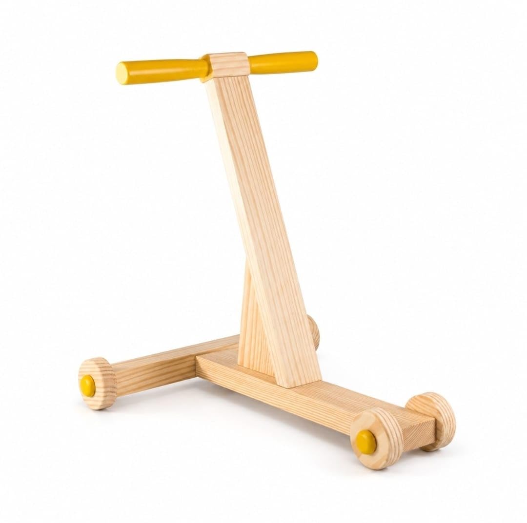 Wooden Toy Scooter with Yellow Handles and 4 Wheels,Walker Cycle | Natural Pine Wood, Kids Pretend Play, Rolling Wheels, Toddler Toy, Yellow Accents-image-5
