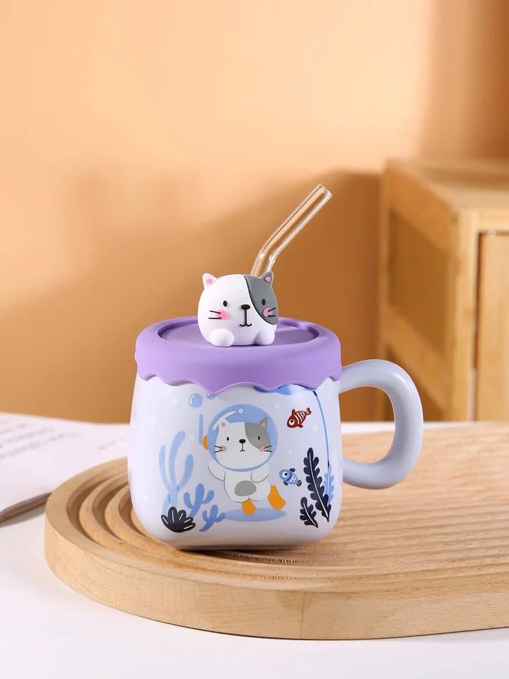 Image of Coffee Mug, Gift for Woman, Birthday Present for Girlfriend, Present for Wife Birthday, Mugs for Present, Holi Gifts, Panda Mug with Lid & Spoon Kids Milk Mug (Cat With Sea Fishes Purple)