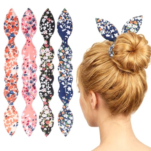 Gsbnjuy 4 Pcs Hair Bun Maker French Twist Shaper Snap Roll Sponge Curler Clips Rabbit Ear Foam Sponge Hair Styling Accessories Flower Donut Hairs Bun Makers for Ballet Long Curly Straight Wavy Women