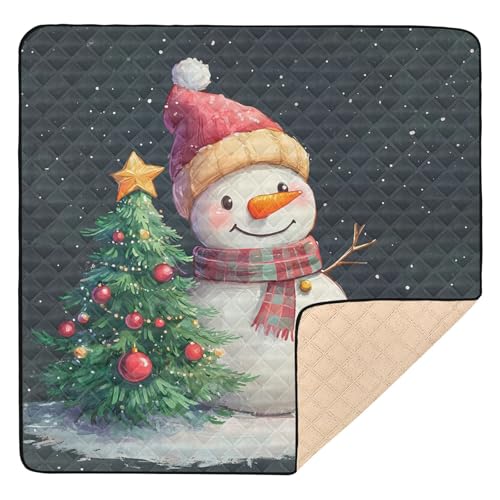 BOESI Doodle Cute Snowman Pattern Baby Play Mat, 50“ X 50” Washable Folding Crawling Mat, Baby Floor Mat, Soft, Thick, Non-Slip