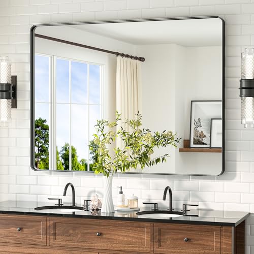 Image of TETOTE 48 x 36 Black Mirror Large Matte Black Bathroom Mirror, Tempered Glass, Wall Mounted for Bathroom, Entryway, Bedroom, Living Room(Horizontal /Vertical)