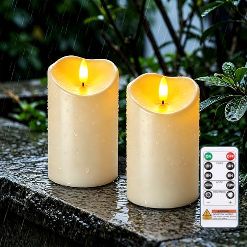 Image of Raycare 5 inchx3 inch Outdoor Waterproof Flameless Candles with Remote and Timer, Battery Operated LED Electric Fake Pillar Candle for Home Wedding Decor, Ivory White, Set of 2