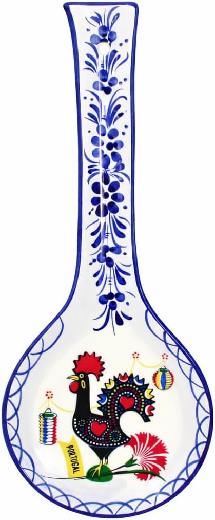 Hand-Painted Portuguese Ceramic Spoon Rest – Authentic Barcelos Rooster Design – Blue and White Floral Glazed Pottery – Traditional Kitchen Decor & Utensil Holder – Made in Portugal