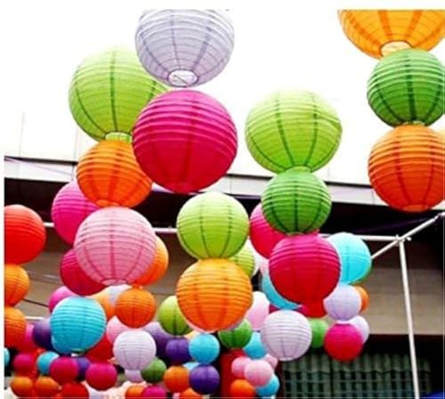Image of Pop the Party Round Hanging Ball Paper Lantern Paper Lamp | Light Lamp | Decoration at Balcony Outdoor, Party Birthday, Multicolor Paper Hanging Lantern | (12inch, Mix Colour) - Pack of 5