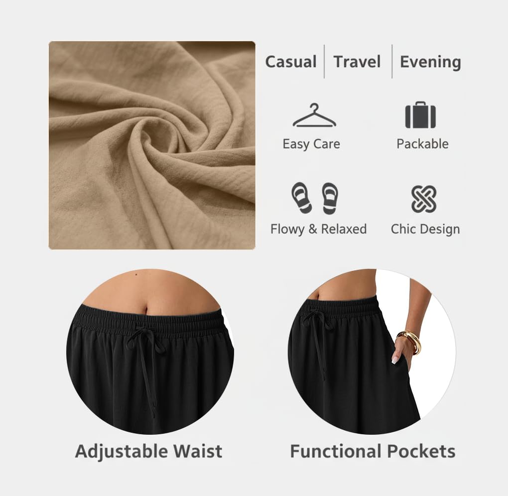 PrinStory Rock Damen Sommer Lang Sommerrock Hohe Taille Midirock mit Taschen Kordelzug Leicht Luftig Skirt