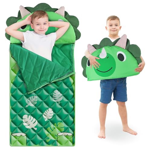 iPlay, iLearn Kid Sleeping Bag, Dinosaur Slumber Sack, Toddler Boy Nap Mat, 2 In 1 Green Dino Cushion Blanket, Happy Travel Sleepover Daycare Preschool Birthday Gift for 3 4 5 6 Years Old Child Summer