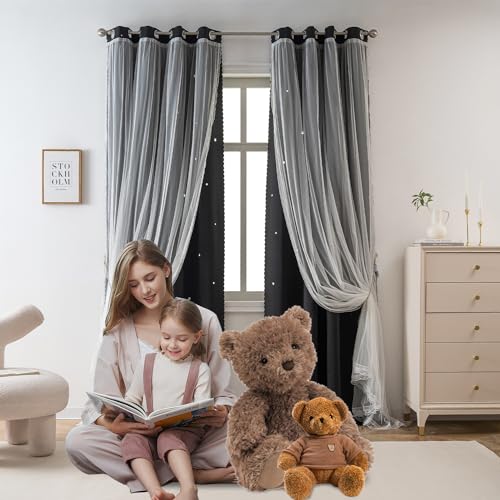 Image of Yancorp Black Curtains for Bedroom Living Room Thermal Insulated Kids Curtain Hollow-Out Star Window Nursery Curtain 96 inches Length Room Darkening Grommet(Black,52 * 96),1 Panel