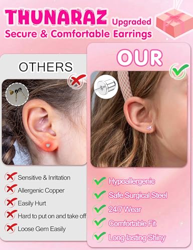THUNARAZ 16 Pairs Hypoallergenic Screw Back Earrings for Women Girls Surgical Steel Tiny CZ Pearl Ball Heart Flower Screwback Flat Back Stud Earrings Set 20G2