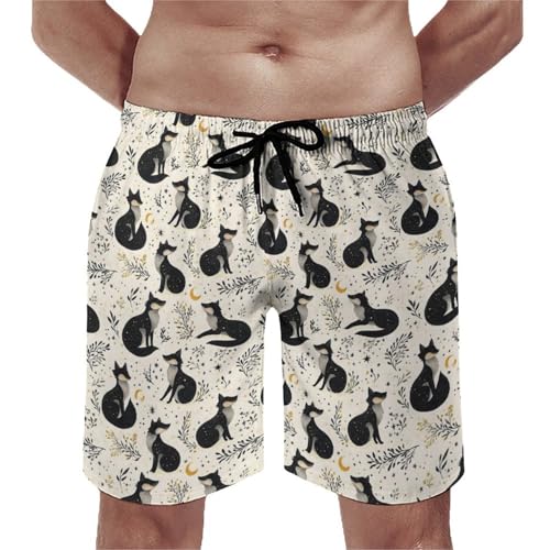 Hawaiian Shorts for Men Comfy Black Fox Moon Print Mens Swim