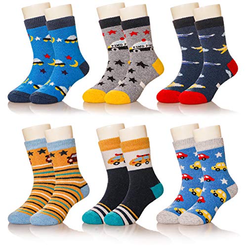 Eocom 6 Pairs Children s Winter Warm Wool Animal Crew Socks Kids Boys Girls Socks (Car, 1-3T)