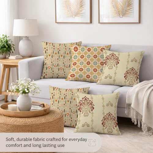 Image of STITCHNEST Set of 5 Royal Damask & Ikat Collection Printed Jute Cushion Covers 16x16 Inches | Ethnic Decorative Throw Pillow Covers for Sofa, Living Room & Bedroom | Premium Home Decor