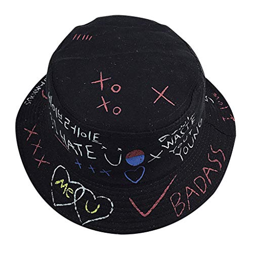 Harajuku Letters Graffiti Print Bucket Hat Men Women Sun Hat Hiphop Style Cap - Preto