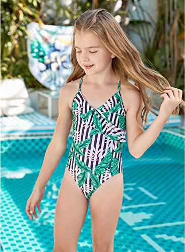 Shekini Girl's One Piece Swimsuit V-Neck Ruffled Crisscross Back Bathing Suit Kids Swimwear (Green, 12-14 Years) #TOP2