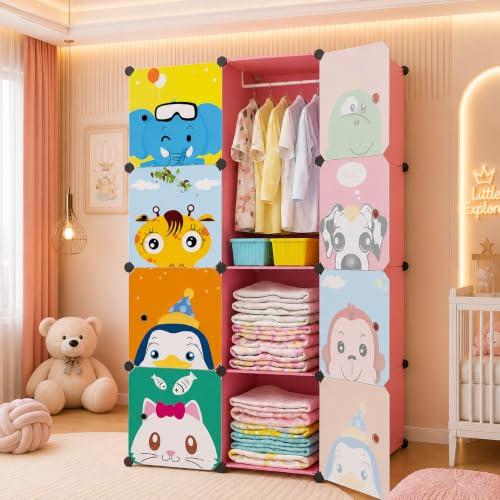Image of Plastic Wardrobe for Clothes | Plastic Almirah for Kids | 8-Cube Baby Cupboard for Clothes Storage | Portable Collapsible Wardrobe | DIY Kids Almirah for Bedroom - Cute Animal Print
