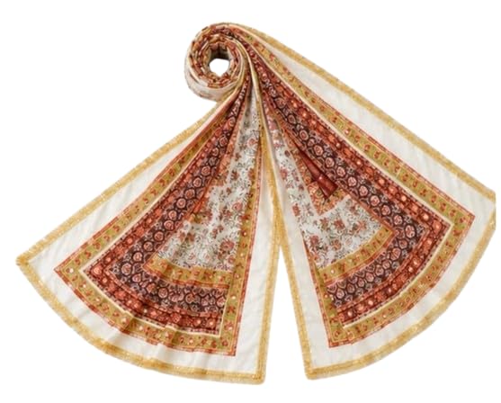 Women's Ethnic Printed Dupatta | Soft Lightweight Decorative Stole with Traditional Floral Border Print & Golden Lace | Multipurpose Dupatta for Kurta, Salwar Suit & Ethnic Wear | Off White-image-10