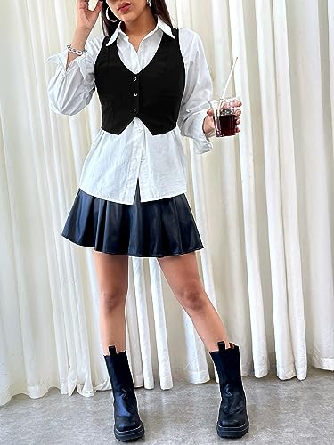 SweatyRocks Women's Solid Button Front Crop Waistcoat V Neck Sleeveless Blazers3