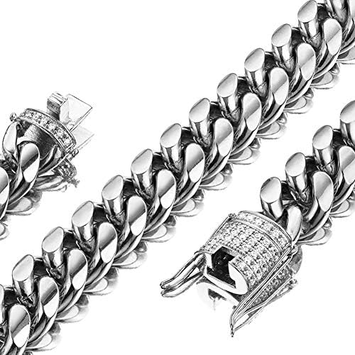 Jxlepe Mens Miami Cuban Link Chain White 15mm Stainless Steel Curb Necklace with cz Diamond Chain Choker (20, Necklace)