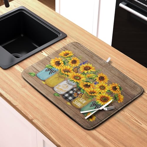 Sunflower Dish Drying Mat for Kitchen 18x24 Inch Counter Rustic Vintage Floral Vases Wood Grain Drying Mats Microfiber Absorbent Dishes Drying Pad Spring Summer Flowers Dish Drainer Rack Mat by Kwlegh - Used condition - Image 6
